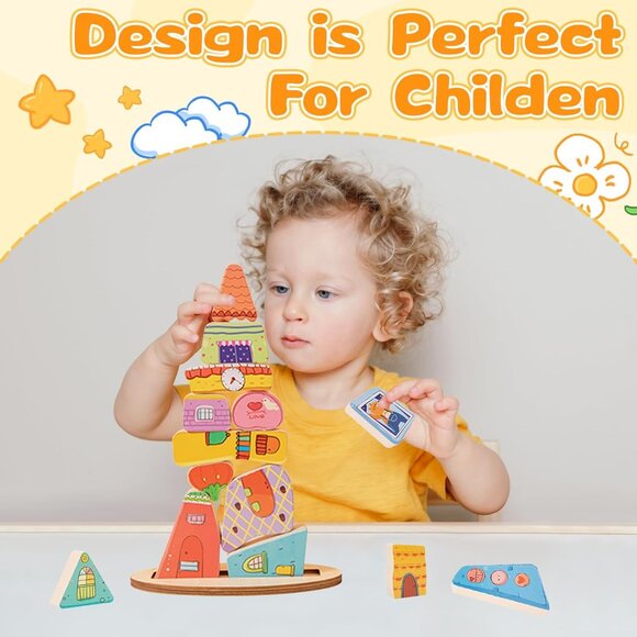 Montessori Wooden Stacking Toy,Colorful Houses Building Blocks Game 14 Pcs Monte - Picture 3 of 12